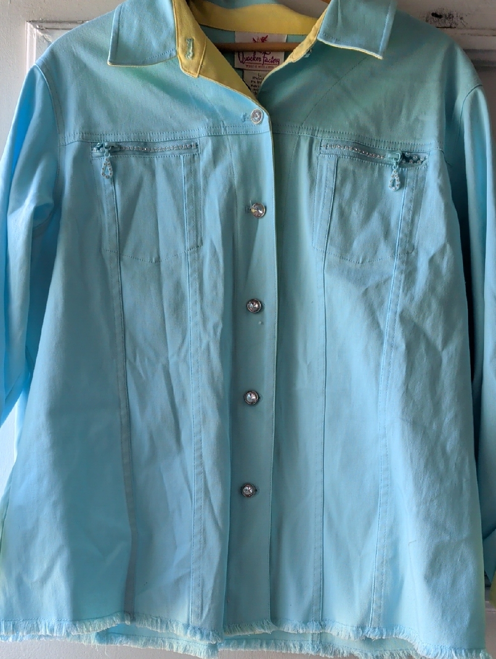 Quacker Factory Light Blue Jacket with Yellow‎ Collar Accent